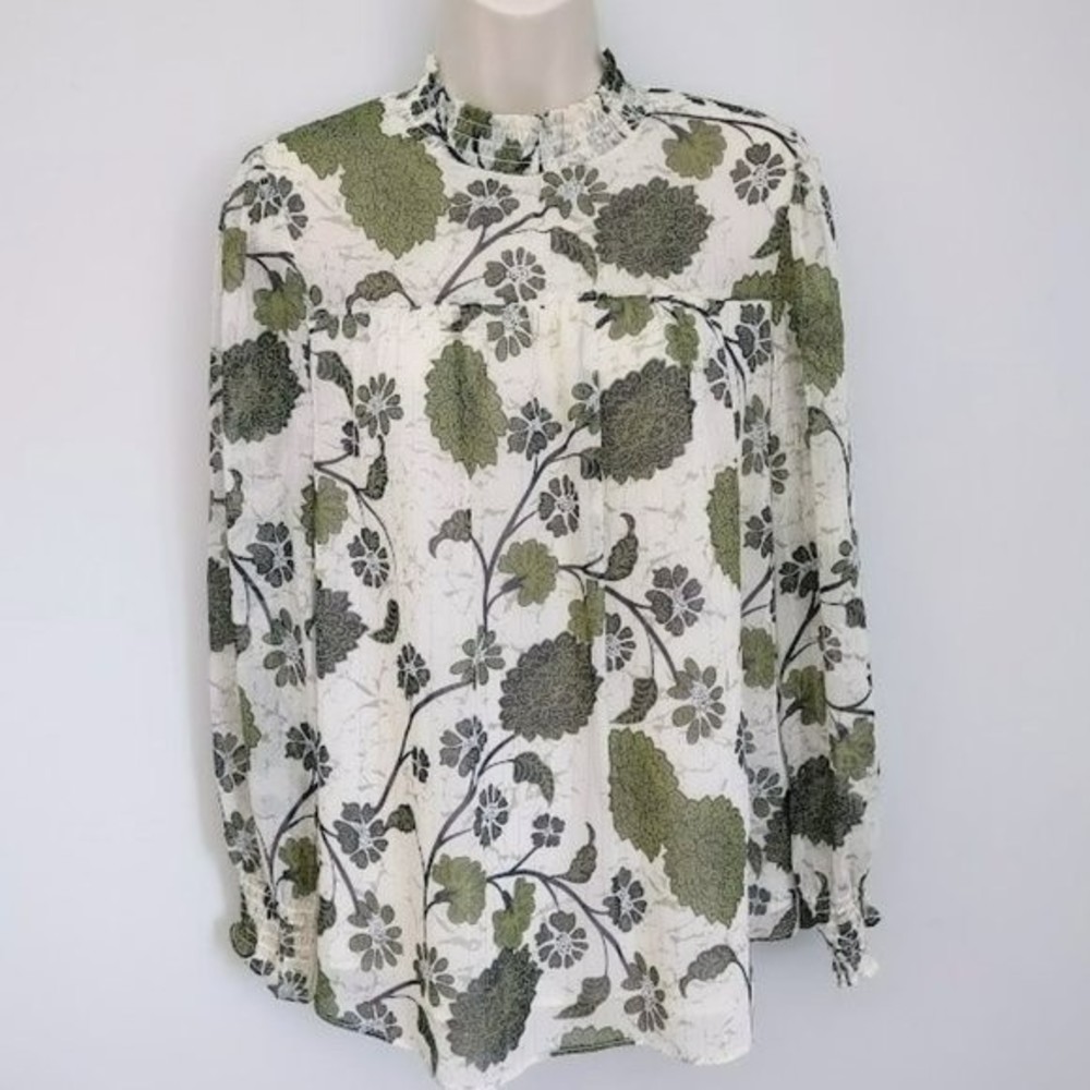 Zac & Rachel Green and White Floral Smocked Flowy Peasant Blouse Small